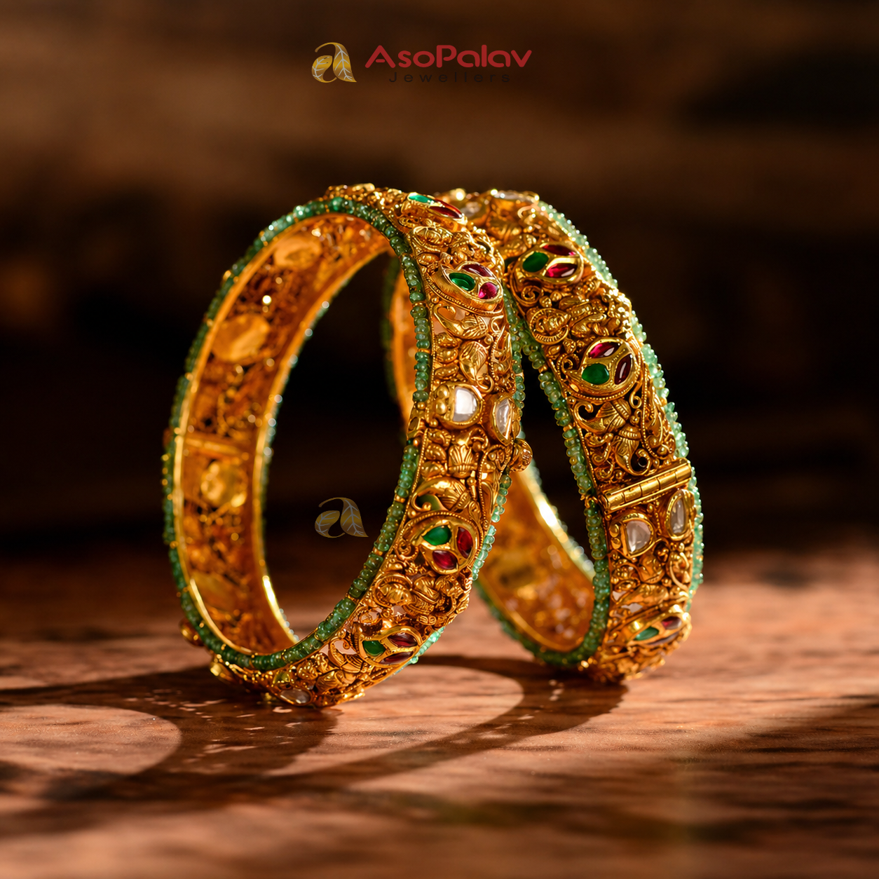 22K Gold Lakshmi Bridal Bangles with Emerald Beads