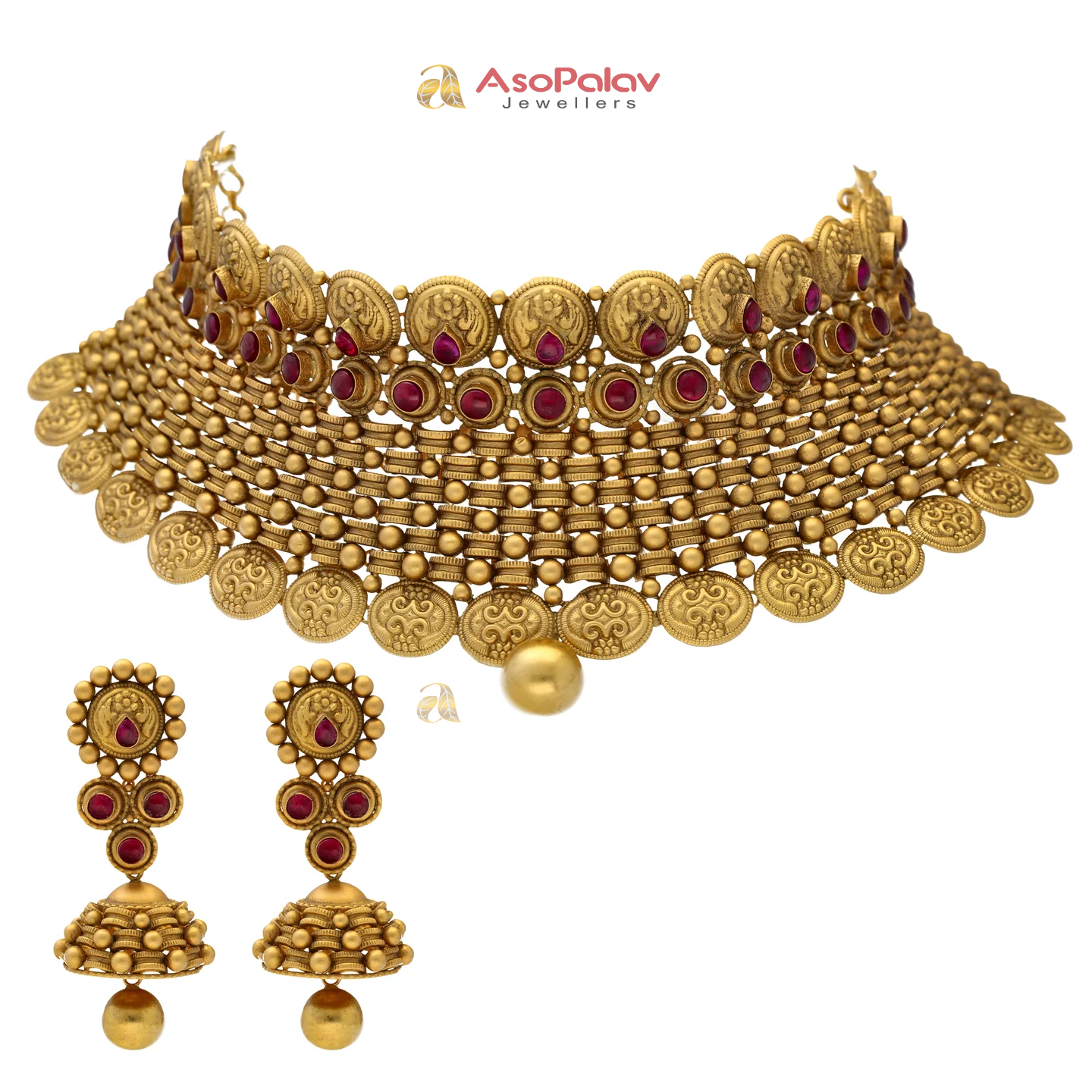 22K Gold & Ruby Antique Choker Set (98.9gm)