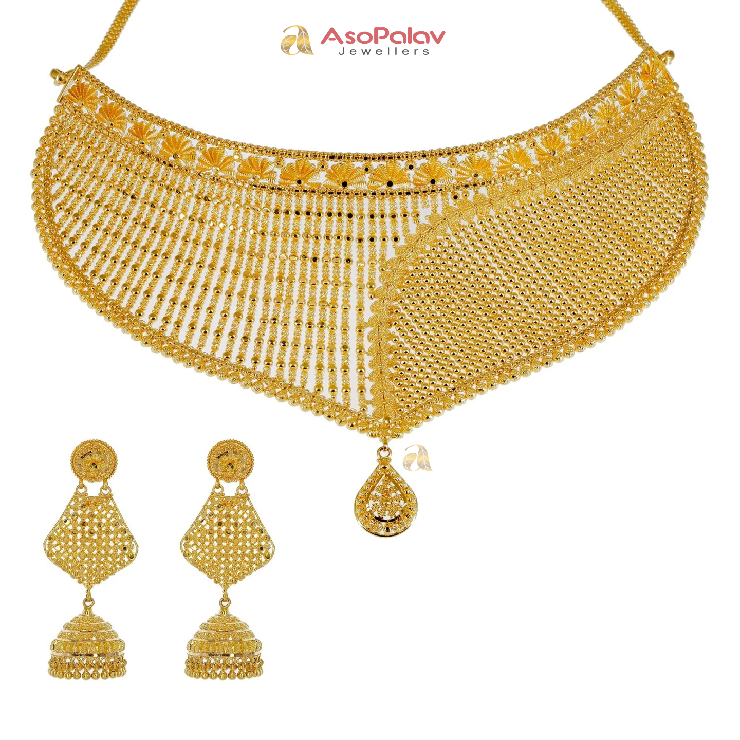 22K Yellow Gold Choker Set W/ Asymmetric Gold Ball Design & Jhumki Earrings
