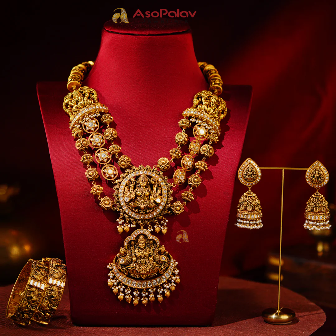 Traditional 22K Gold Bridal Set with Divine Lakshmi Motifs