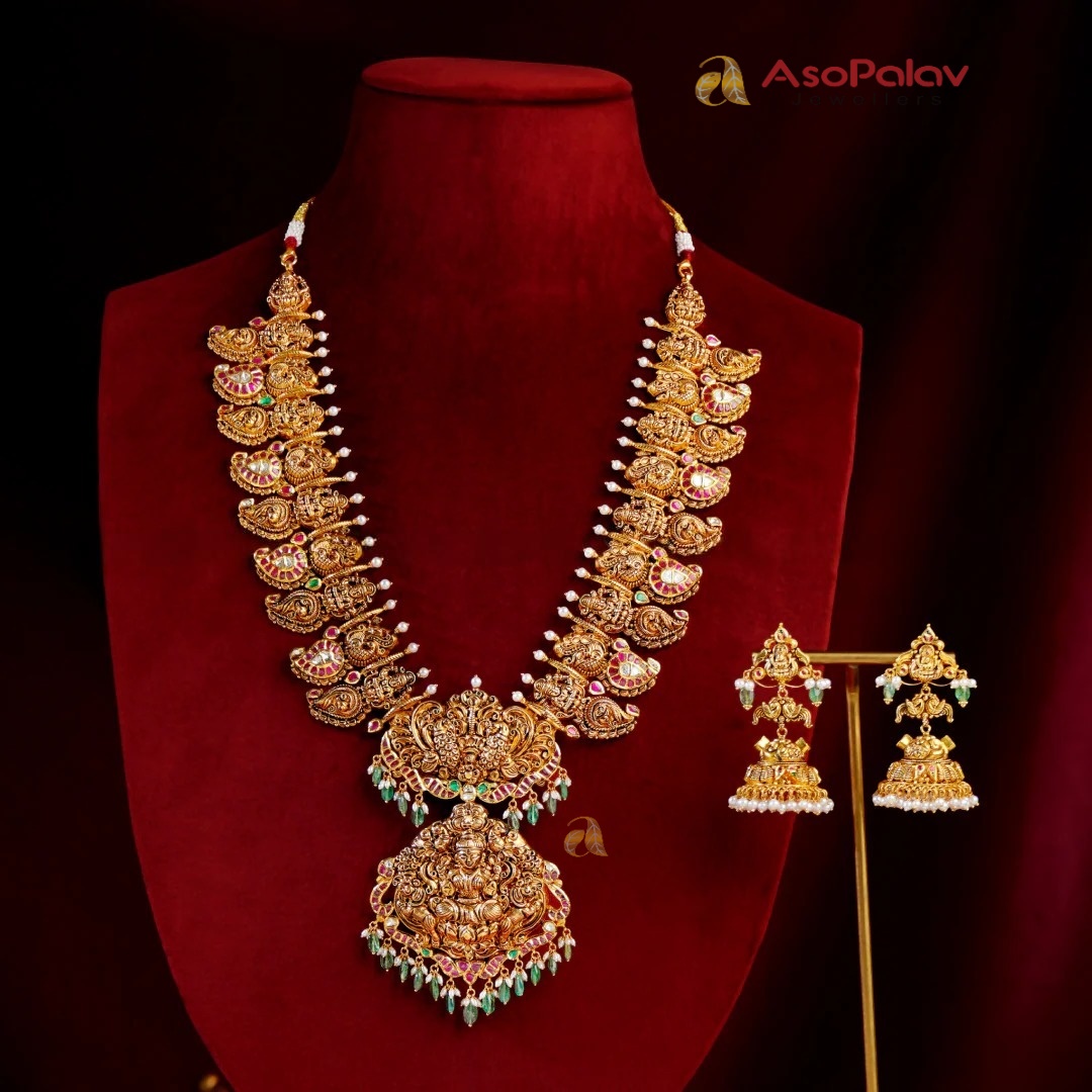 22K Gold Lakshmi Mango Haram Bridal Set with Earrings