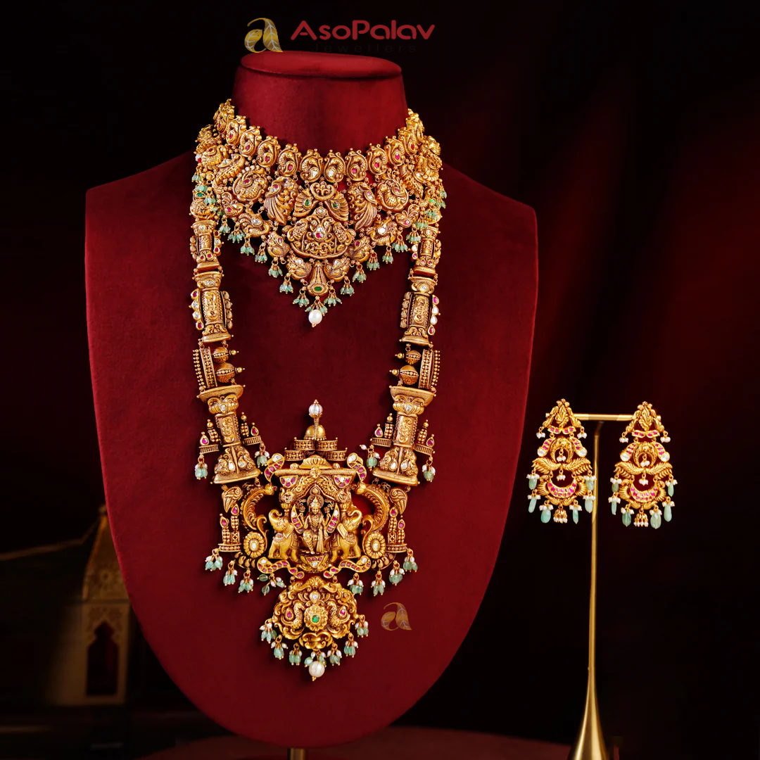 22K Gold Nakshi Lakshmi Bridal Set with Choker, Haram & Earrings