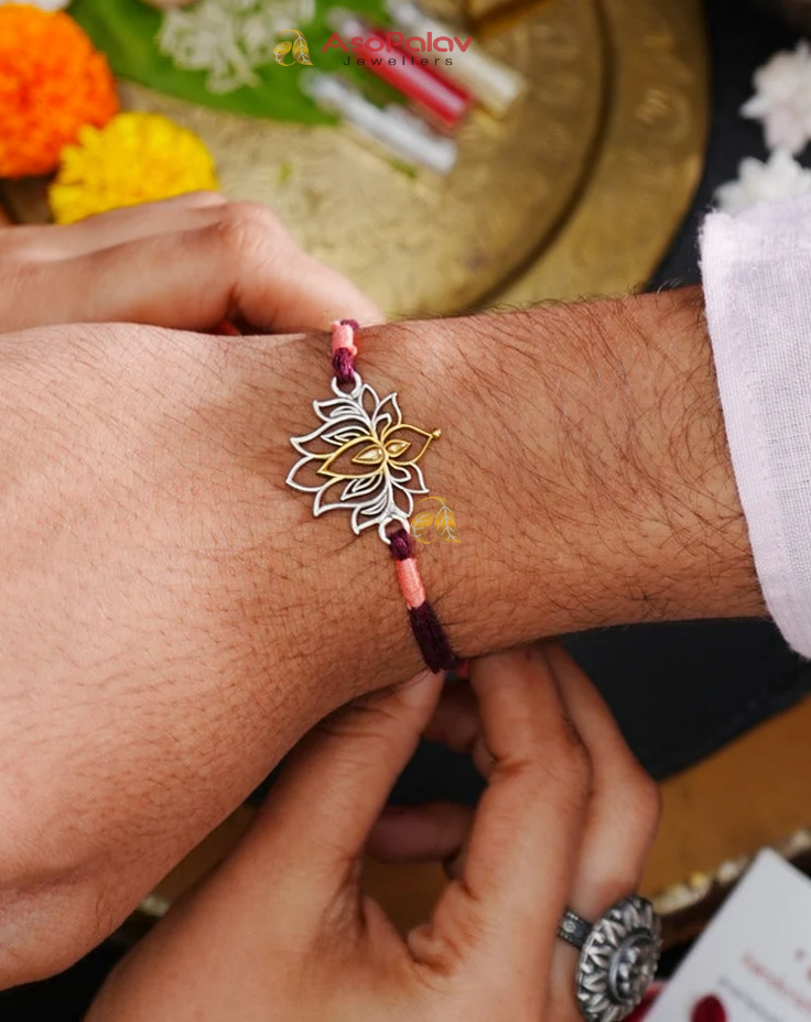 925 Two Tone Lotus Silver Rakhi – Elegant Gold & Silver Floral Design