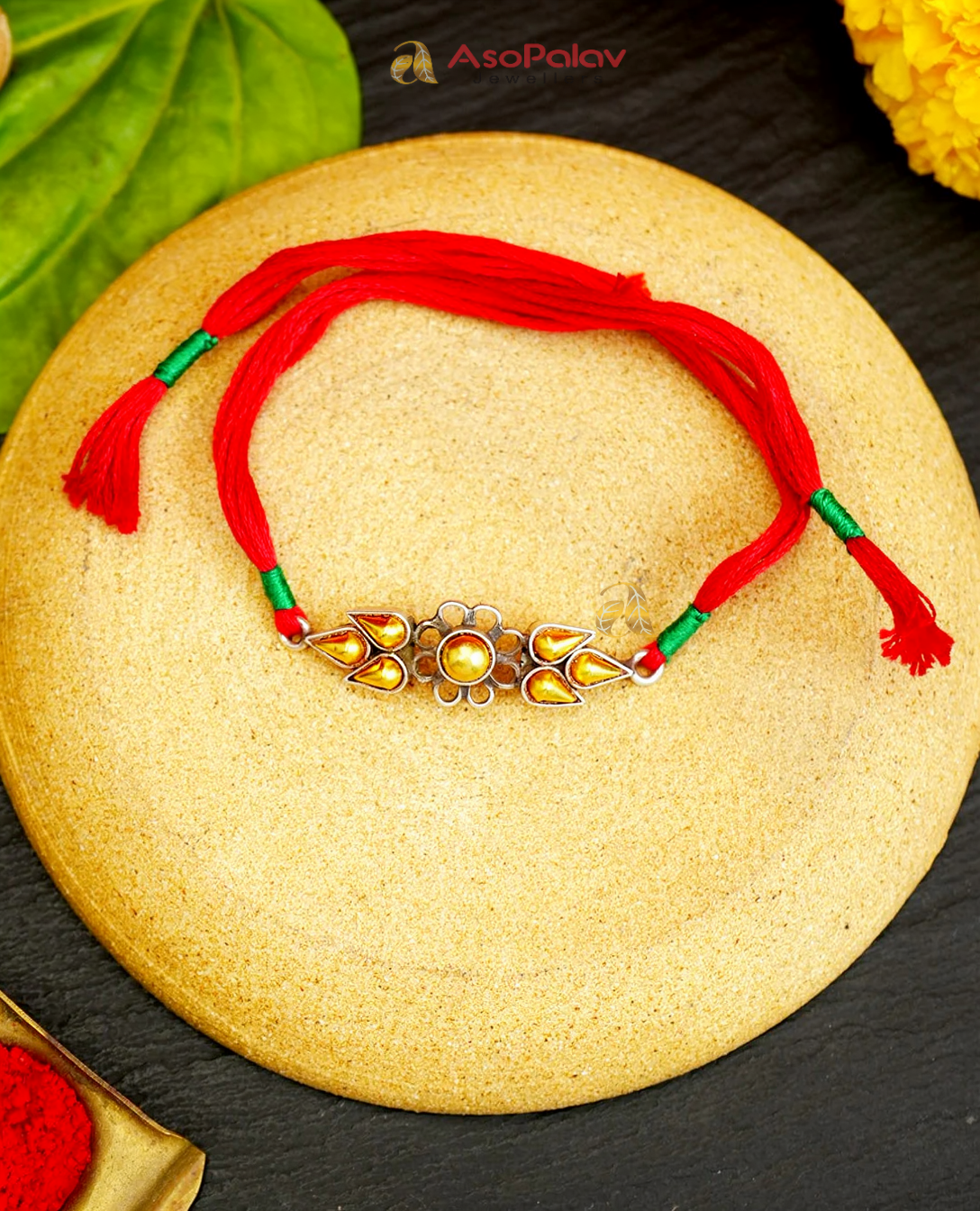 925 Bandhel Two Tone Silver Rakhi – Traditional Gold Foil Artisan Design