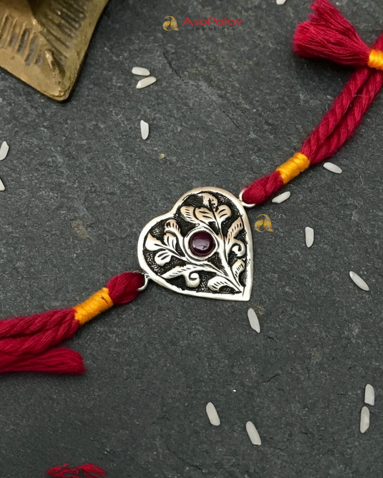 Handcrafted Chitai Silver Heart Rakhi – 92.5 Sterling Silver Designer Rakhi