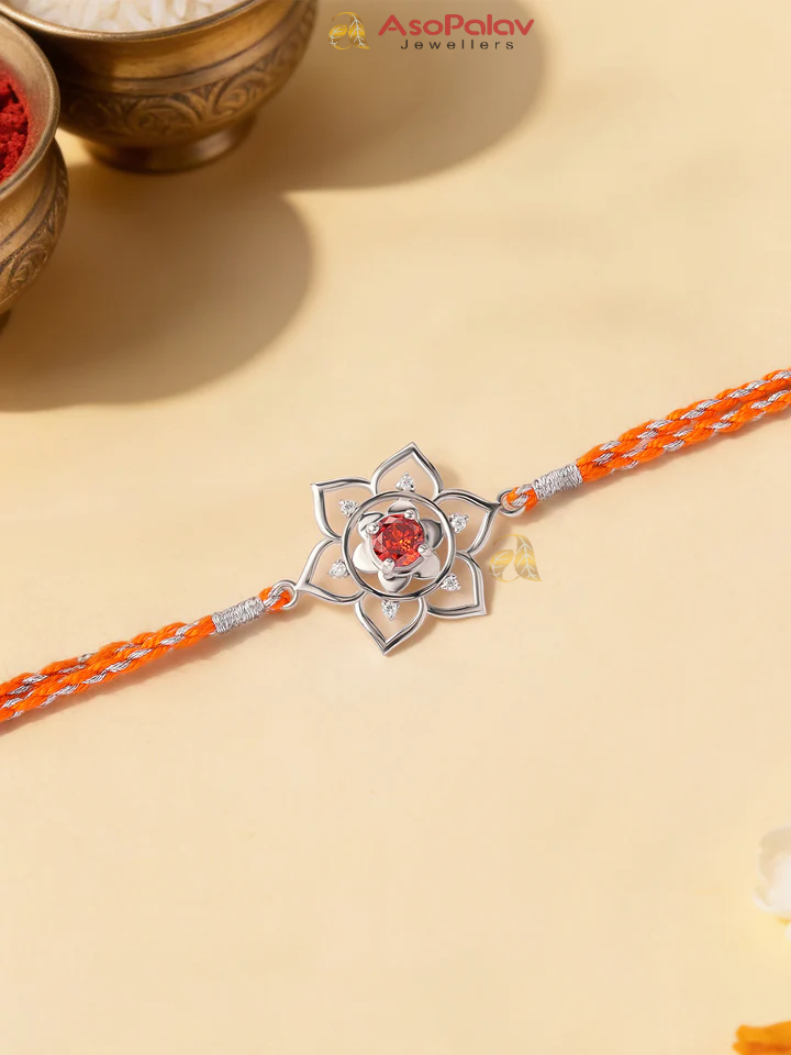 925 Silver Garnet Floral Rakhi for Brother – Elegant Festive Gift