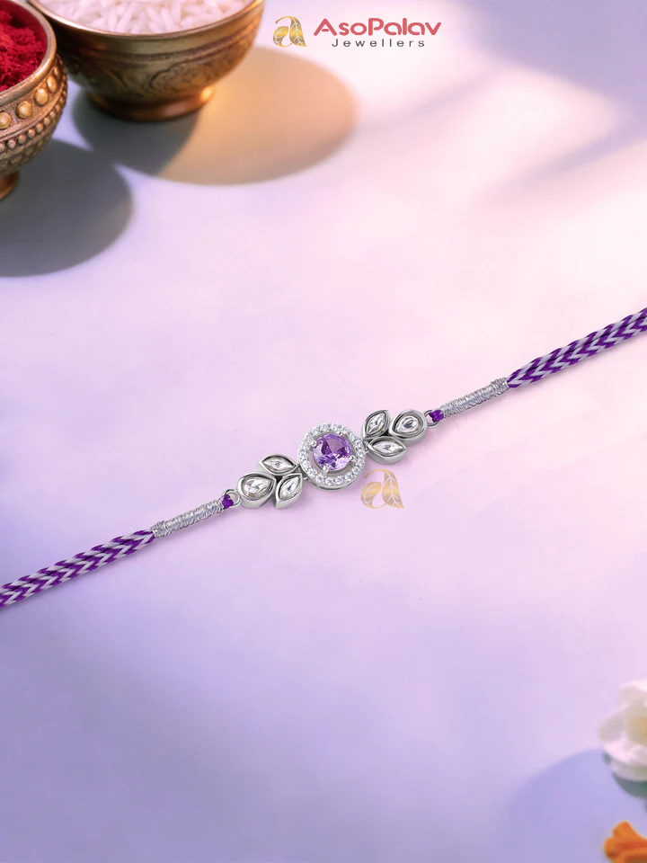 Amethyst Leaf 925 Silver Rakhi – Elegant Purple Stone Rakhi for Brother