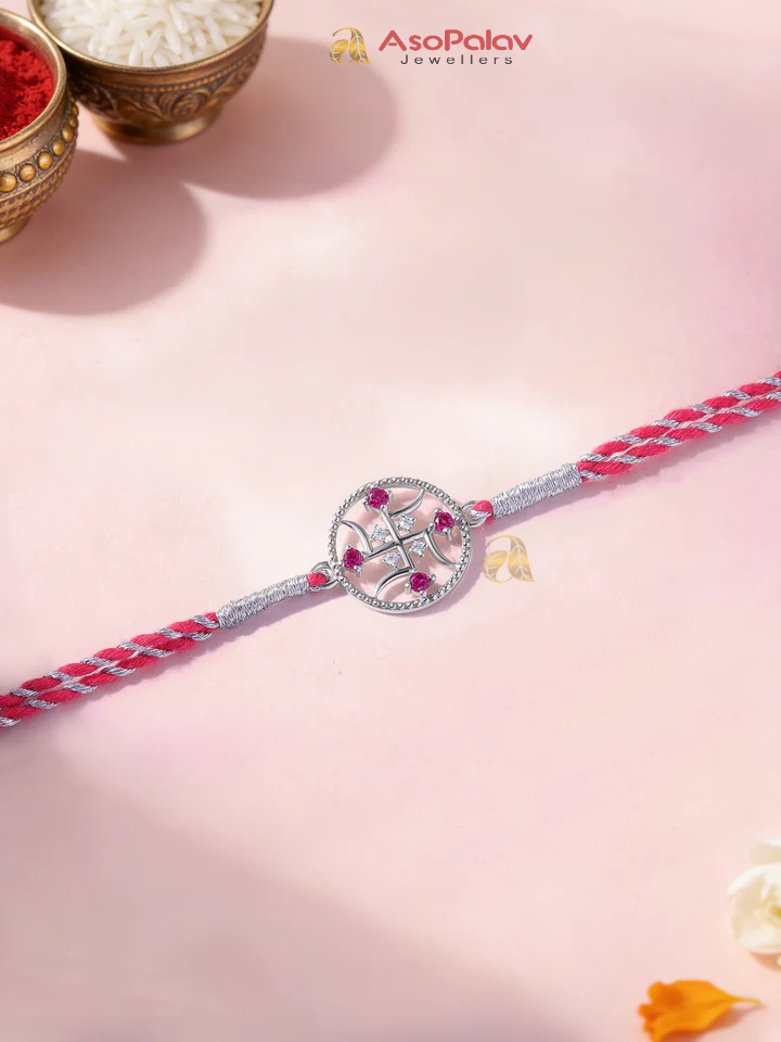 Auspicious Swastik Ruby 925 Silver Rakhi for Brother
