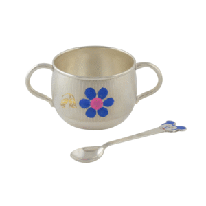 Silver Cup and Spoon for Baby in Cartoon Motif