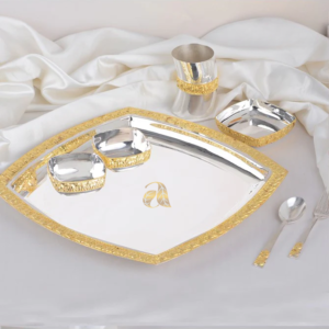 Gold Polish Nakshi Work Silver Dinner Set