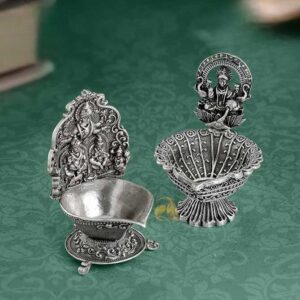 Antique Silver Diya In Laxmi Motif