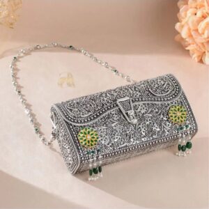 Luxy Silver Clutch Bag in Nakshi Work