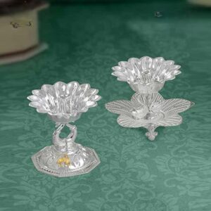 Small Silver Peacock Diya - Pair